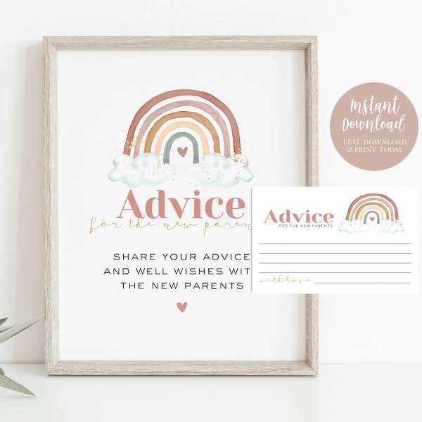 Rainbow Baby Advice Cards, Baby Advice Sign, Muted Tones Baby Advice Cards, Rainbow Baby Shower, Edit with TEMPLETT, WLP-RRA 3910