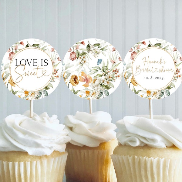 Wildflower Bridal Shower Cupcake Toppers, Printable Floral Cupcake Toppers, Editable Bridal Shower Toppers, Edit with TEMPLETT, WLP-DUT 5125