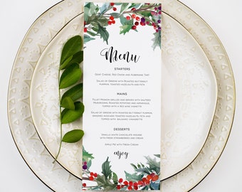 Christmas Menu, Christmas Holly Menu, Printable Christmas Menu , 2 Sizes, Instant Download, Holiday Menu Card, TEMPLETT, WLP-HOL 3913