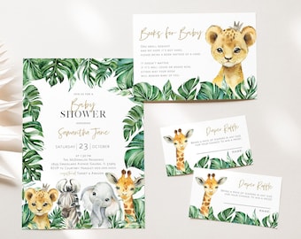 Jungle Baby Shower Invitation, Baby Shower Bundle, Safari Baby Shower Invitation, Books for Baby Card, Diaper Raffle, TEMPLETT, WLP-SAF 3129