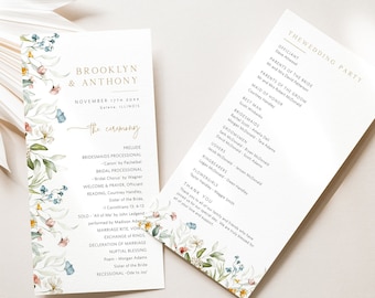 Programme de mariage de fleurs sauvages, programme de cérémonie de mariage imprimable, 2 tailles, modèle de programme de mariage floral, modifier avec TEMPLETT, WLP-DUT 5603