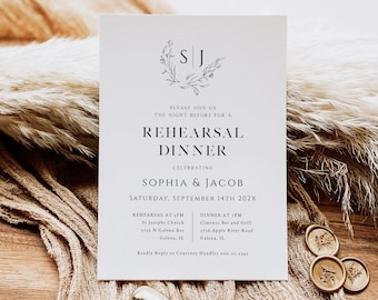 May include: A formal invitation for a rehearsal dinner, featuring the names Sophia & Jacob. The invitation is on a white card with elegant typography and a floral wreath design. A gold wax seal and a wax stamp are also visible.