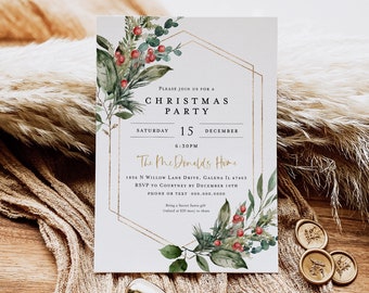 May include: A white Christmas party invitation with a gold geometric frame and watercolor greenery, berries, and a gold foil accent. The text reads "Please join us for a Christmas Party, Saturday, 15 December, 6:30PM, The Mc Donalds Home, 1856 N Willow Lane Drive, Galena IL 47463, RSVP to Courtney by December 10th, Phone or Text 600.000.0000, Bring a Secret Santa gift (valued at $20 max) to share."