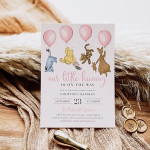 Our Little Hunny Invitation, Winnie the Pooh Baby Shower Invitation, Editable Invitation, Pink Winnie the Pooh, TEMPLETT, WLP-POH 6931