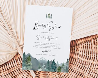 Mountains Baby Shower Invitation, Pine Trees Invitation Template, Editable Baby Shower Invitation Printable, TEMPLET, WLP-MOU 2603