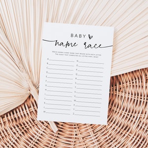 Baby Name Race Game, Alphabet Baby Name Game, Minimalist Baby A-Z Name Game, Printable Baby Shower Game, Edit with TEMPLETT, WLP-PAL 5679
