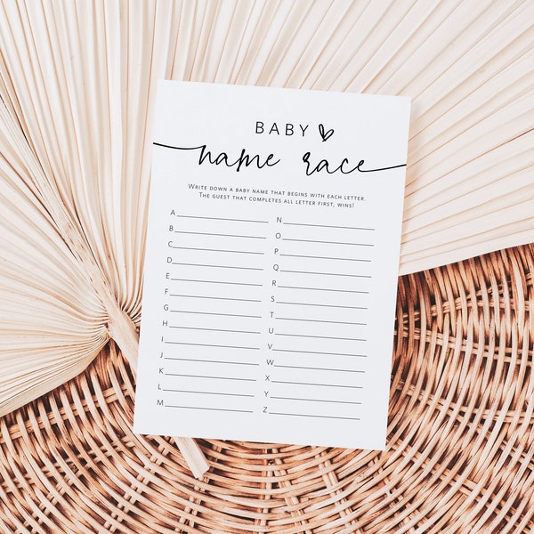 Baby Name Race Game, Alphabet Baby Name Game, Minimalist Baby A-Z Name Game, Printable Baby Shower Game, Edit with TEMPLETT, WLP-PAL 5679