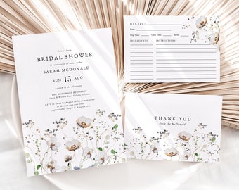 Wildflower Bridal Shower Invitation Set, Floral Bridal Shower Invitation, Details Card, Recipe Card, TEMPLETT, WLP-IKE 4736