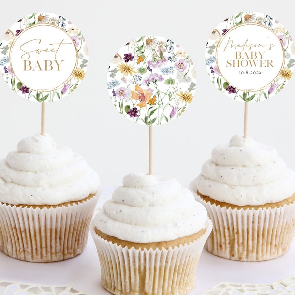 Wildflower Baby Shower Cupcake Toppers, Printable Floral Cupcake Toppers, Editable Baby Shower Toppers, Edit with TEMPLETT, WLP-PRW 5295