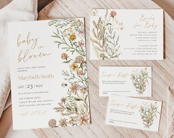 Wildflower Baby in Bloom Invitation, Baby Shower Bundle, Baby Shower Invitation, Books for Baby Card, Diaper Raffle, TEMPLETT, WLP-FWI 5769