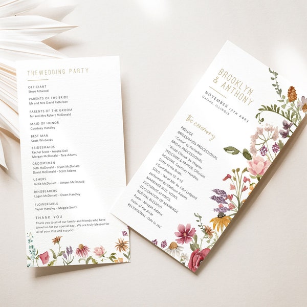 Wildflower Wedding Program, Printable Wedding Ceremony Program, 2 Sizes, Floral Wedding Program Template, Edit with TEMPLETT, WLP-WIL 4699