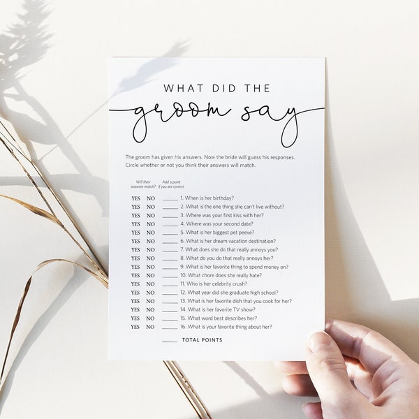 Minimalist What Did the Groom Say? Game, Modern Bridal Shower Game, Printable He Said Game, Edit with TEMPLETT, WLP-ODA 5840