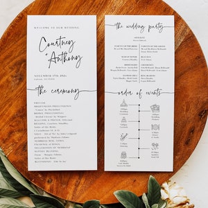 May include: Wedding ceremony programme with a white background and black text. The programme includes the names Courtney and Anthony, the date November 17th, 202x, and the location Galesburg, Illinois. The programme also includes the order of events for the wedding ceremony and reception.