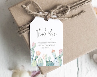 May include: White thank you tag with a watercolor cactus design. The tag says "Thank You" and "For celebrating our special day with us 08.28.2020".