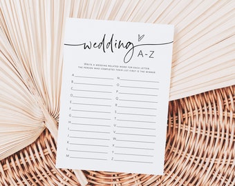 Wedding A-Z Game, Alphabet Wedding Item Game, Minimalist Bridal A-Z Game, Printable Brdal Shower Game, Edit with TEMPLETT, WLP-PAL 5716
