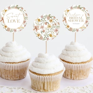 Wildflower Bridal Shower Cupcake Toppers, Printable Floral Cupcake Toppers, Editable Bridal Shower Toppers, Edit with TEMPLETT, WLP-FWI 5396