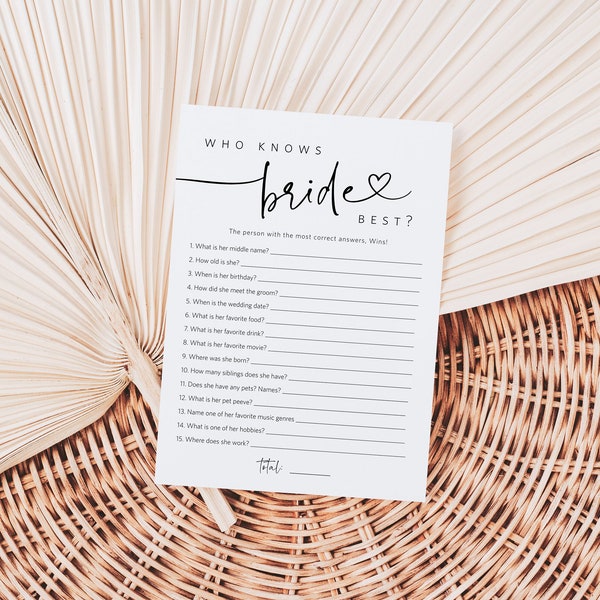 Minimalist Who knows the Bride the Most Game, Modern Bridal Shower Game, Printable How well do you know the Bride?,  TEMPLETT, WLP-PAL 5717