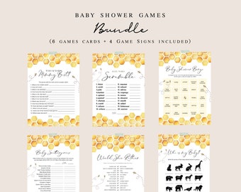 May include: A set of six printable baby shower game cards featuring a honeycomb pattern with a watercolour bee design. The games include "Who Knows Mommy Best?", "Baby Word Scramble", "Baby Shower Bingo", "Baby Sentences", "Would She Rather", and "Who is My Baby?"