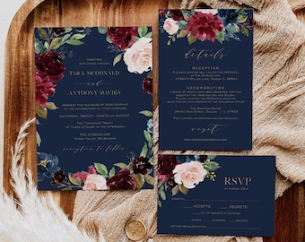 Navy Wedding Inviation Suite, Burgundy Blush, Boho Wedding Invitation, Invite - RSVP- Details - Thank You Card, Templett, WLP-MID, 4222