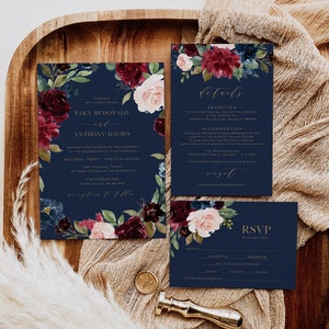 Navy Wedding Inviation Suite, Burgundy Blush, Boho Wedding Invitation, Invite - RSVP- Details - Thank You Card, Templett, WLP-MID, 4222