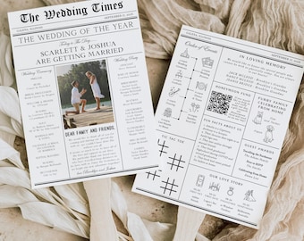 May include: A black and white wedding announcement printed on a newspaper-style background. The announcement features a photo of a couple getting engaged, a wedding ceremony schedule, and a list of fun facts about the couple. The announcement also includes a QR code for the couple's honeymoon fund.