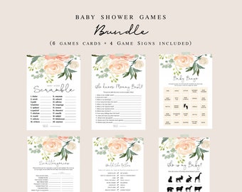 May include: A printable baby shower game bundle with six game cards and four game signs. The cards feature floral designs in shades of pink, white, and green. The games include "Scramble", "Who Knows Mommy Best", "Baby Bingo", "Scattergories", "Would She Rather", and "Who is My Baby?"