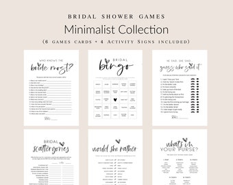 May include: A printable bridal shower game bundle with a minimalist design. The games include "Who Knows the Bride Most?", "Bridal Bingo", "He Said, She Said", "Bridal Scattergories", "Would She Rather", and "What's in Your Purse?"