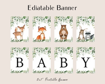 May include: Printable baby banner with woodland animals and the word "BABY" in black letters. The banner is 5x7 inches and features a deer, fox, bear, rabbit, and raccoon.