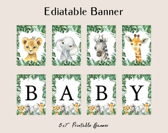 Safari Animals Banner Greenery Jungle Baby Shower Banner, Jungle Baby Shower Decorations, DIY Editable Baby Banner, Templett, WLP-SAF 4029