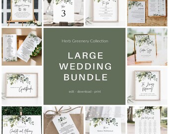 Greenery Wedding Bundle, Editable Wedding Templates, 100% Editable Text, Wedding Signage Bundle, Instant Download, TEMPLETT, WLP-HER 4734