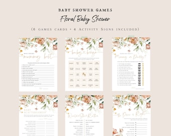 Puede incluir: Un conjunto de juegos y letreros de actividades para baby shower con diseños florales. El texto incluye "Baby Shower Games" y "Floral Baby Shower". Los juegos incluyen "Who Knows Mommy Best", "Baby Bingo" y "Mommy or Daddy?". El paquete es "Editable Games Bundle".