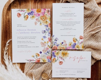 Boho Wedding Invitation Suite, Wildflower Wedding Invitation, Printable Wedding Invite, Instant Download, Edit with TEMPLETT, WLP-FLI 5580