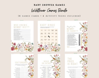 May include: A set of printable baby shower games with a wildflower theme. The games include "Who Knows Mommy Best?", "Baby Bingo", "Mommy or Daddy?", "Scattergories", "Would She Rather", and "The Price is Right".