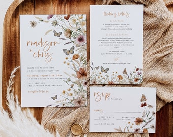 Boho Wedding Invitation Suite, Wildflower Wedding Invitation, Butterfly Wedding Invite, Instant Download, Edit with TEMPLETT, WLP-FBU 7108