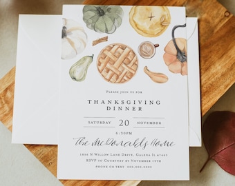 Könnte beinhalten: Eine Einladung zum Thanksgiving-Dinner mit einer Aquarell-Illustration von Kürbissen, Kuchen und einer Tasse Kaffee. Die Einladung ist für Samstag, den 20. November um 18:30 Uhr im The McDonalds Home, 1856 N Willow Lane Drive, Galena IL 47463. RSVP an Courtney bis zum 19. November. Telefon oder SMS 000,000,0000.