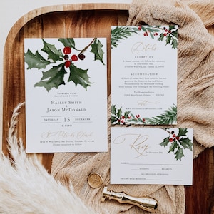Christmas Holly Wedding Invitation Template, Wedding Invitation, Holiday Wedding Invitation Printable,Edit with TEMPLETT, WLP-RHO 4251 image 1