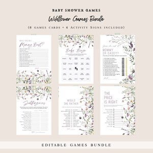 May include: A set of printable baby shower games with a wildflower theme. The games include "Who Knows Mommy Best?", "Baby Bingo", "Guess Who Said It: Mommy or Daddy?", "Scattergories", "Would She Rather", and "The Price is Right".