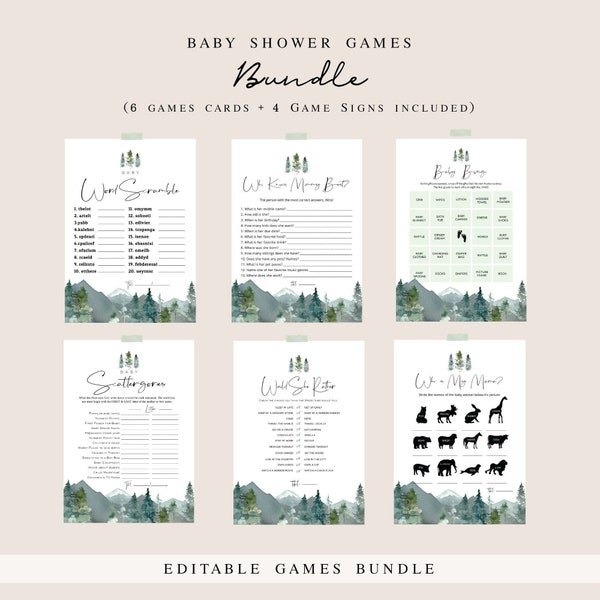 Baby Shower Game Bundle, Mountains Baby Shower Games, Games Bundle, Customize Baby Shower Games, Pine Trees, TEMPLETT, WLP-MOU 3701