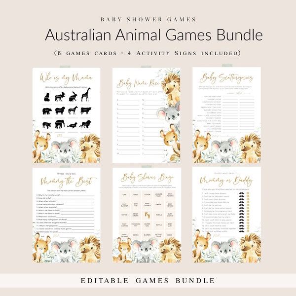 Baby Shower Game Bundle, Australian Animals Baby Shower Games, Games Bundle, Customize Baby Shower Games, Edit with TEMPLETT, WLP-AUA 5862