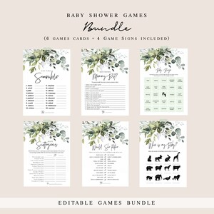 May include: Printable baby shower game cards with a green and white floral design. The games include "Baby Scramble", "Who Knows Mommy Best?", "Baby Bingo", "Baby Scavenger Hunt", "Would She Rather", and "Who is My Baby?"