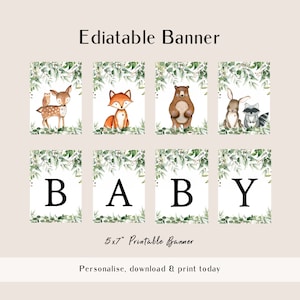 Woodland Animals Banner Greenery Baby Shower Banner, Woodland Baby Shower Decorations, DIY Editable Baby Banner, Templett, WLP-RWW 4031