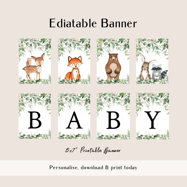 Waldtiere Banner Grün Babyparty Banner, Wald Babyparty Dekorationen, DIY Bearbeitbares Baby Banner, Templett, WLP-RWW 4031