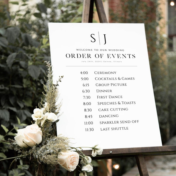 Wedding Order of Events Poster, Modern Wedding Poster Template, Order of Events Sign, 18x24" & 24x36", Edit with TEMPLETT, WLP-SLI 4871