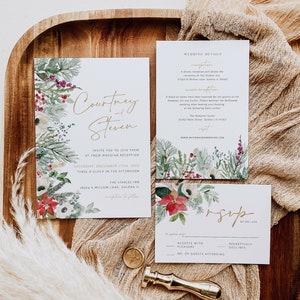 Christmas Wedding Invitation Bundle, Wreath Wedding Invitation, Holiday Wedding Invitation Printable,Edit with TEMPLETT, WLP-HCH 5645