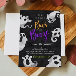 May include: Black and white Halloween party invitation with ghosts and the text "Boo's and Booze" in orange and purple. The invitation includes the date, time, and location of the party. Costumes are encouraged.