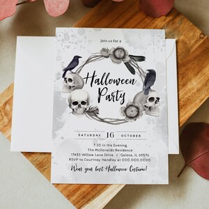 May include: A Halloween party invitation with a watercolor background featuring a wreath of skulls, ravens, and roses. The text reads "Join us for a Halloween Party" and includes the date, time, location, and RSVP information.