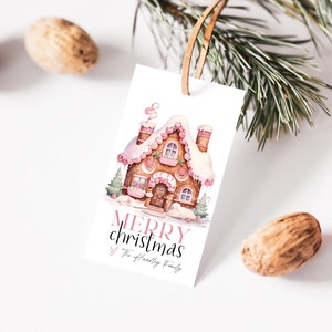 Christmas Gingerbread House Tag, Pink Christmas Gift Tag, Gift Tag Template, Edit with TEMPLETT, Personalized Christmas Tags, WLP-CHT 6761