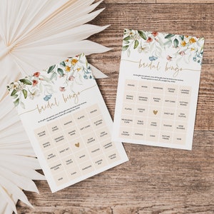 Bingo nupcial de flores silvestres, juego de bingo de despedida de soltera, tarjetas de bingo imprimibles, tarjeta de bingo editable, editar con TEMPLETT, WLP-DUT 5109