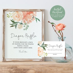 Pfirsichfarbenes Blumen-Babyparty-Windel-Verlosungsschild und Tombola-Tickets, Windel-Verlosungsset, Mädchen, Boho-Babyparty-Set, TTEMPLETT, WLP-PEA 2320