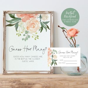 Candy Guessing Game, Guess How Many Candies, Baby Shower Game, Girl, Floral Baby Shower Sign and Cards Set, Edit with TEMPLETT, WLP-PEA 2321